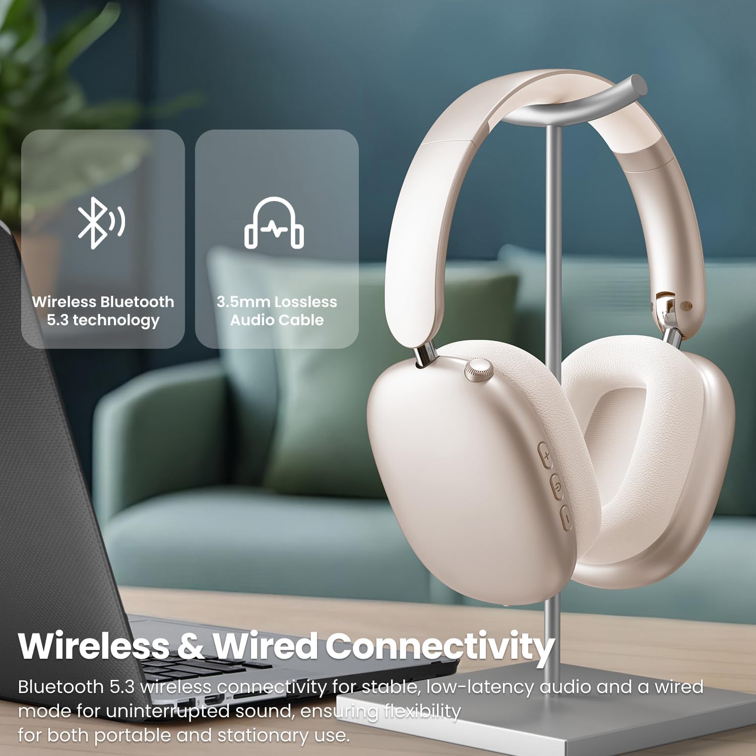 Wentronic Y01 Wireless Noise Canceling Headphones Bluetooth 5.3 Over Ear Headphones with Microphone, Hi-Res Audio, 48H Playtime, Foldable Comfortable Earpads,Compatible with iOS,Android,PC, Starlight - Image 8